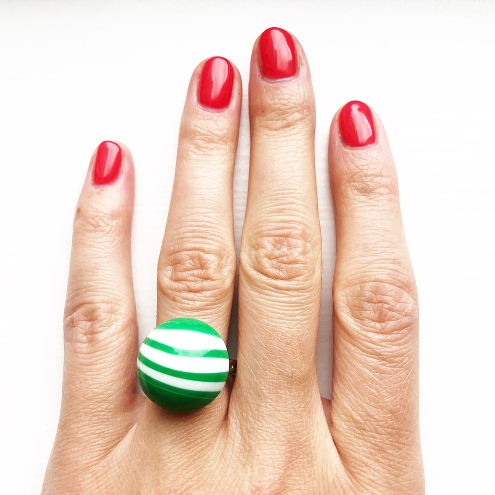 Vintage green & white striped candy mint ball ring